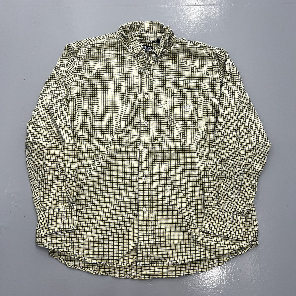 Chaps Mens XL Yellow Navy Plaid Button Down Shirt Long Sleeve Cotton Casual
